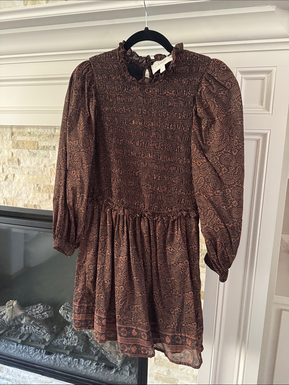 NWOT Cleobella Brown Paisley Smocked Long Sleeve Mini Dress Size Small